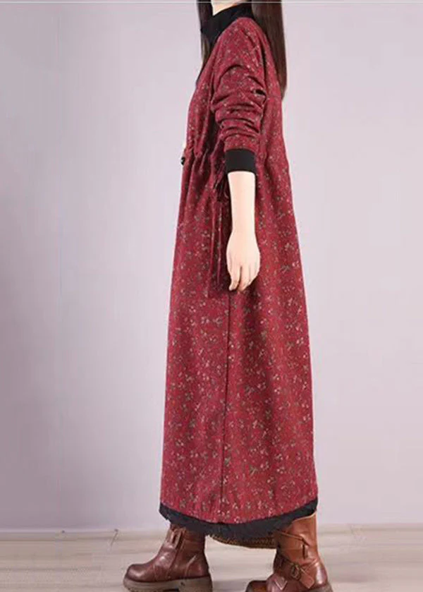Casual Red Print Drawstring Patchwork Warm Fleece Dresses Winter - Image 4