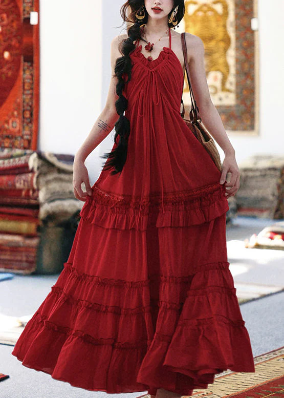 Casual Red Ruffled Exra Large Hem Cotton Cami Dresses Summer - Image 3