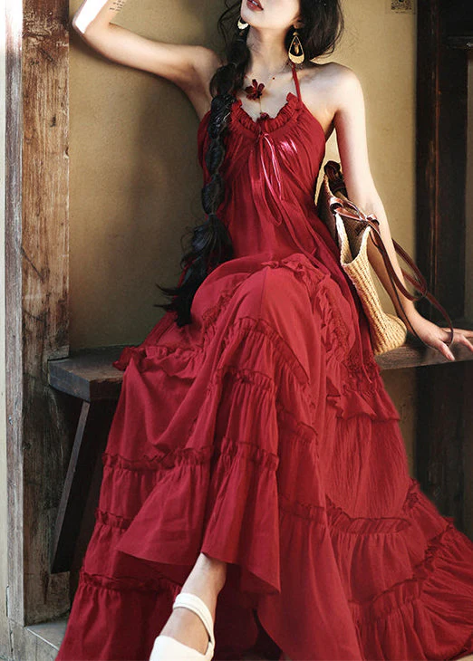 Casual Red Ruffled Exra Large Hem Cotton Cami Dresses Summer - Image 4