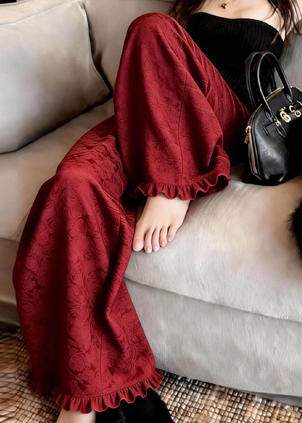Casual Red Ruffled Patchwork Wide Leg Pants - Image 3