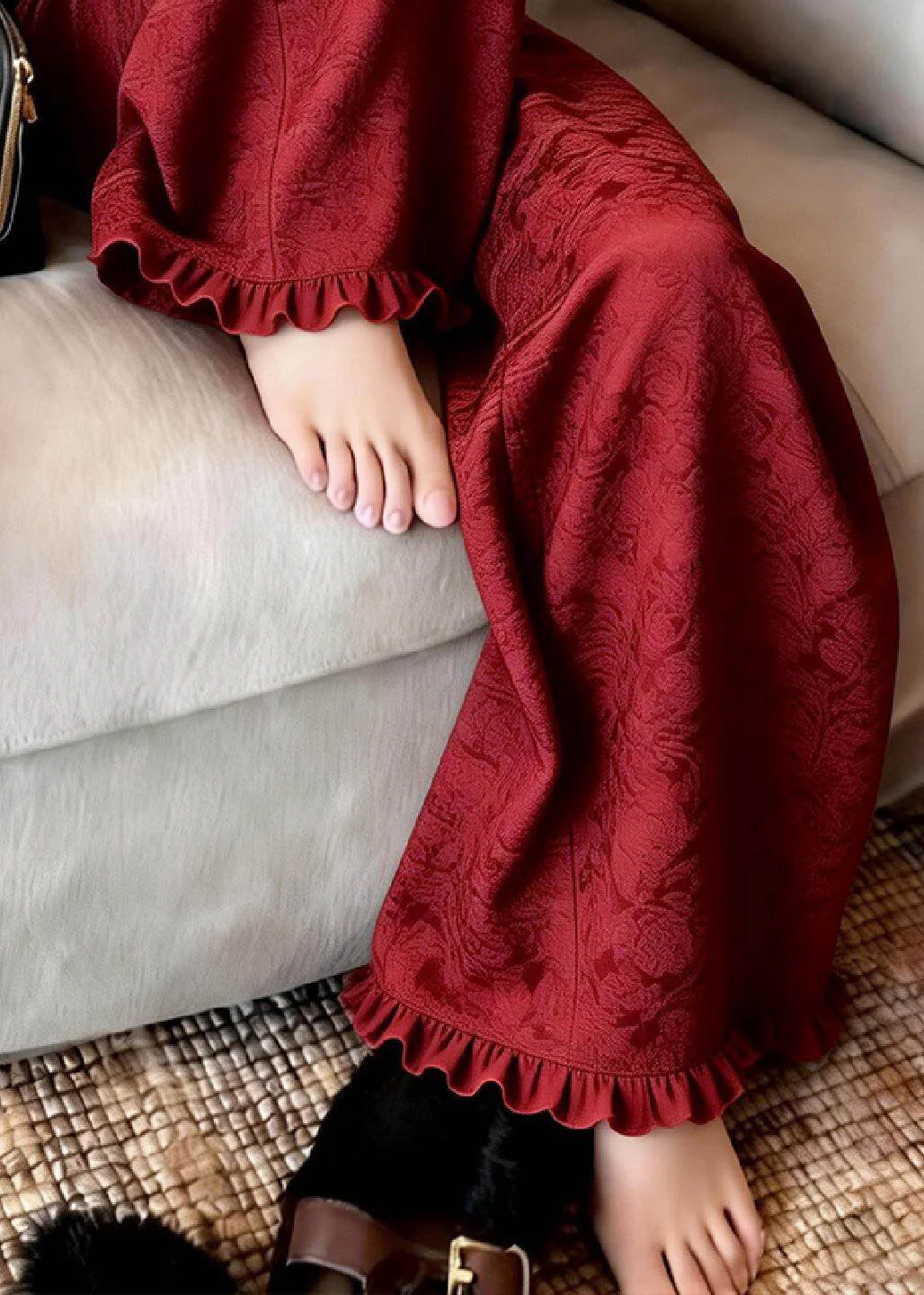 Casual Red Ruffled Patchwork Wide Leg Pants - Image 4