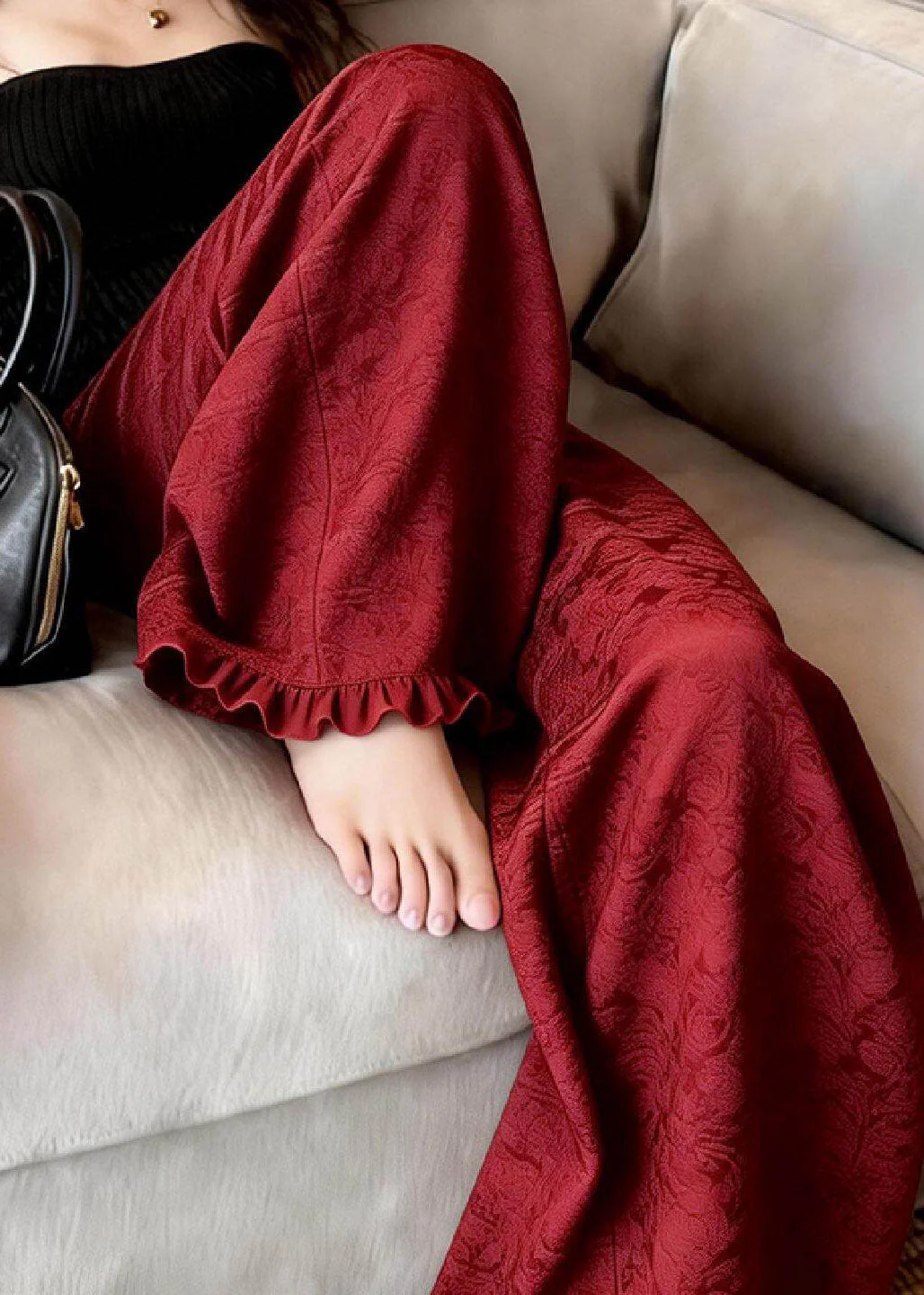 Casual Red Ruffled Patchwork Wide Leg Pants - Image 5