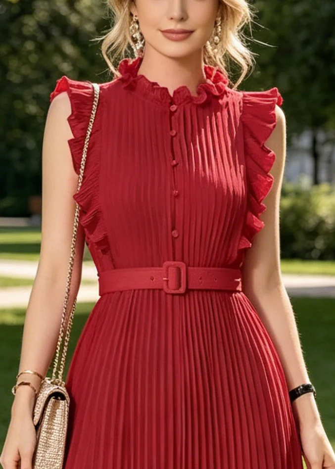 Casual Red Ruffled Wrinkled Chiffon Long Dress Sleeveless - Image 2