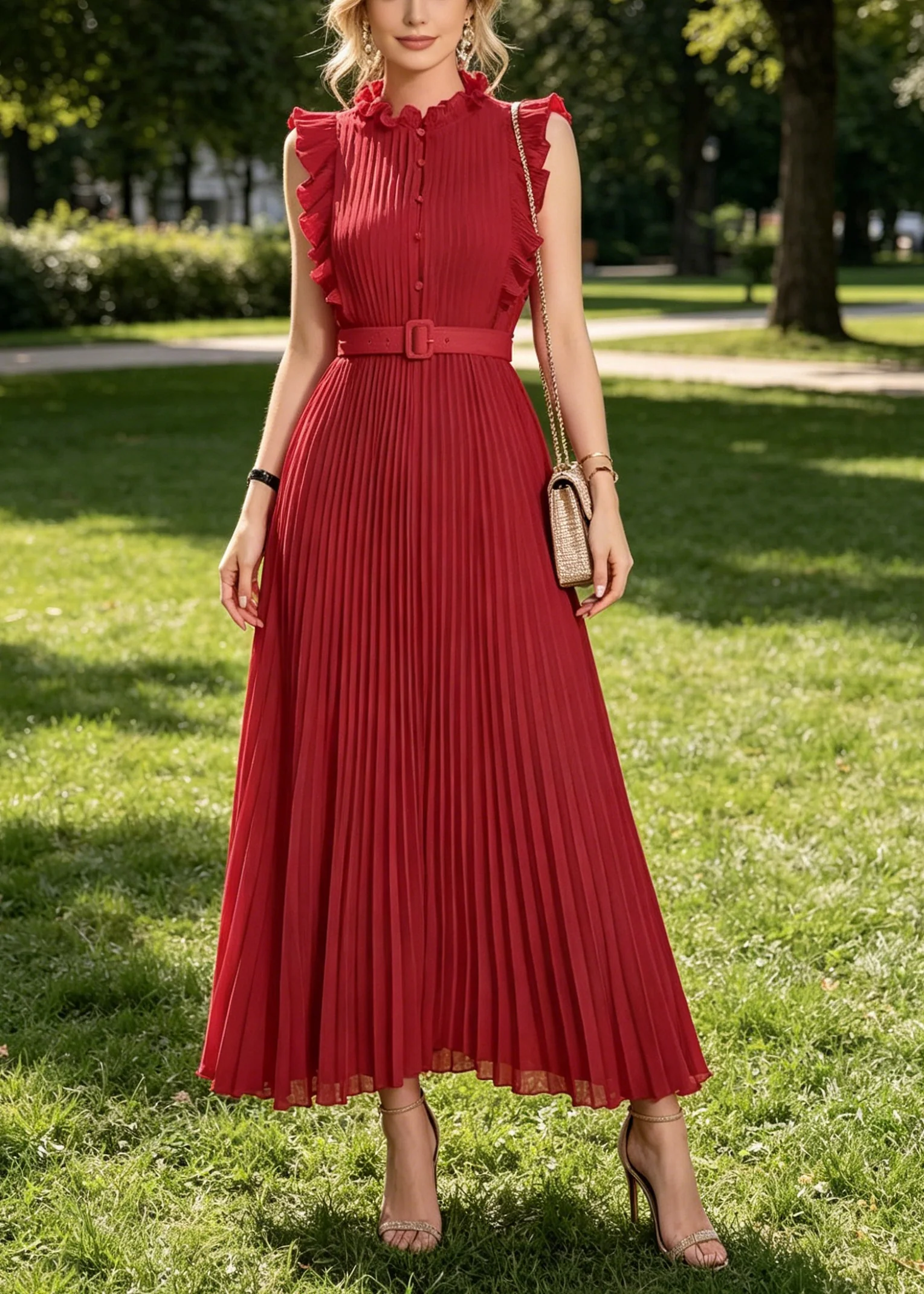 Casual Red Ruffled Wrinkled Chiffon Long Dress Sleeveless - Image 3