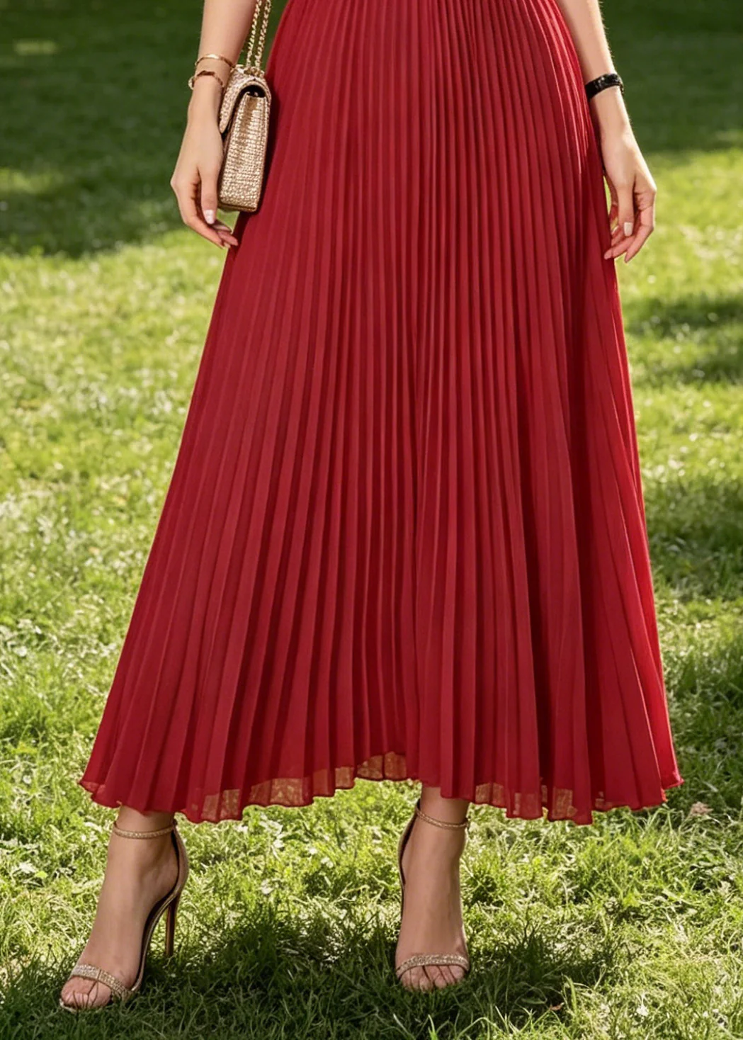 Casual Red Ruffled Wrinkled Chiffon Long Dress Sleeveless - Image 4