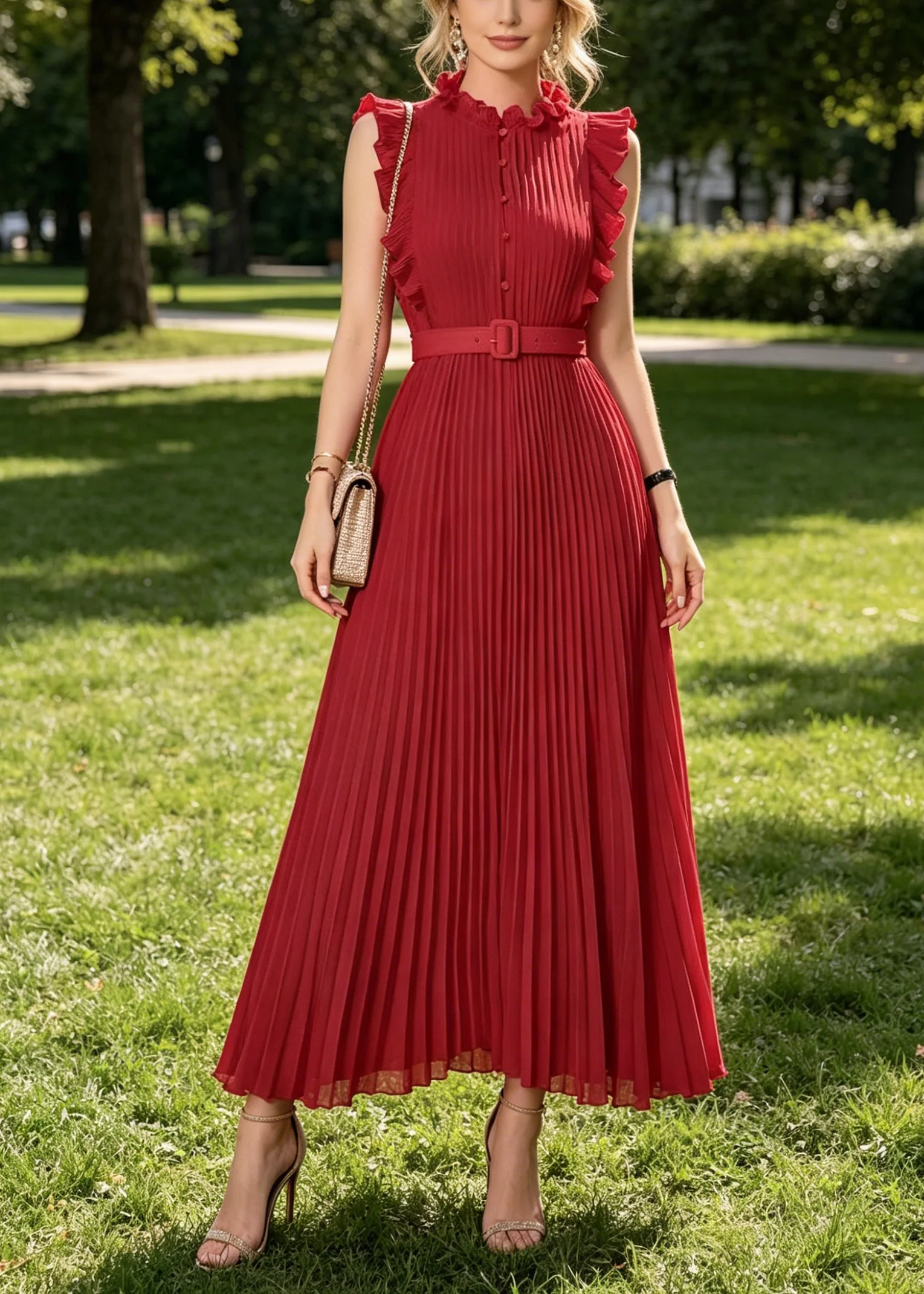Casual Red Ruffled Wrinkled Chiffon Long Dress Sleeveless - Image 5