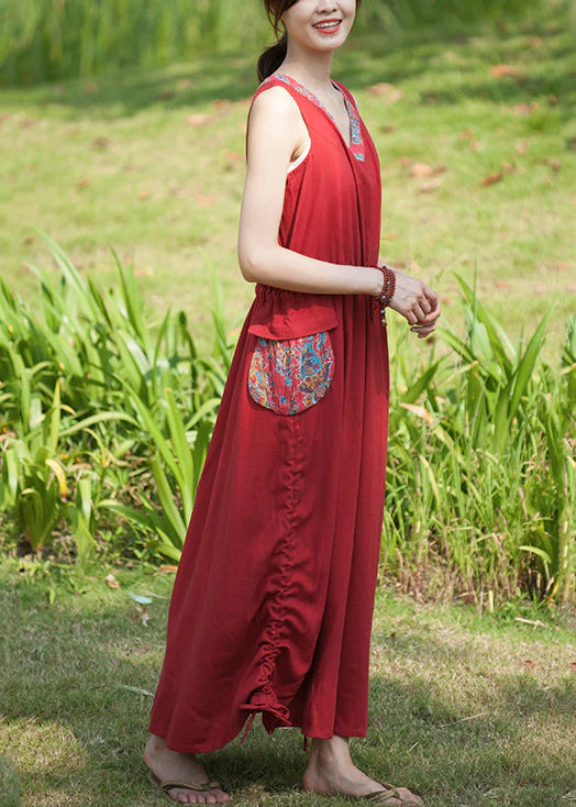Casual Red V Neck drawstring pocket Patchwork Vacation Dresses Sleeveless - Image 2
