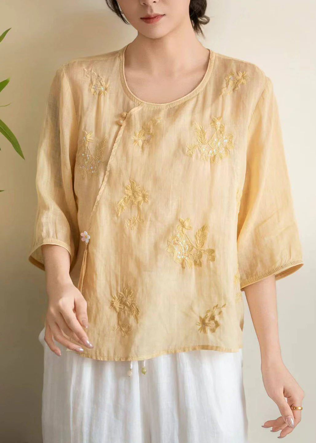 Casual Rose O Neck Embroidered Linen Shirt Tops Bracelet Sleeve - Image 3