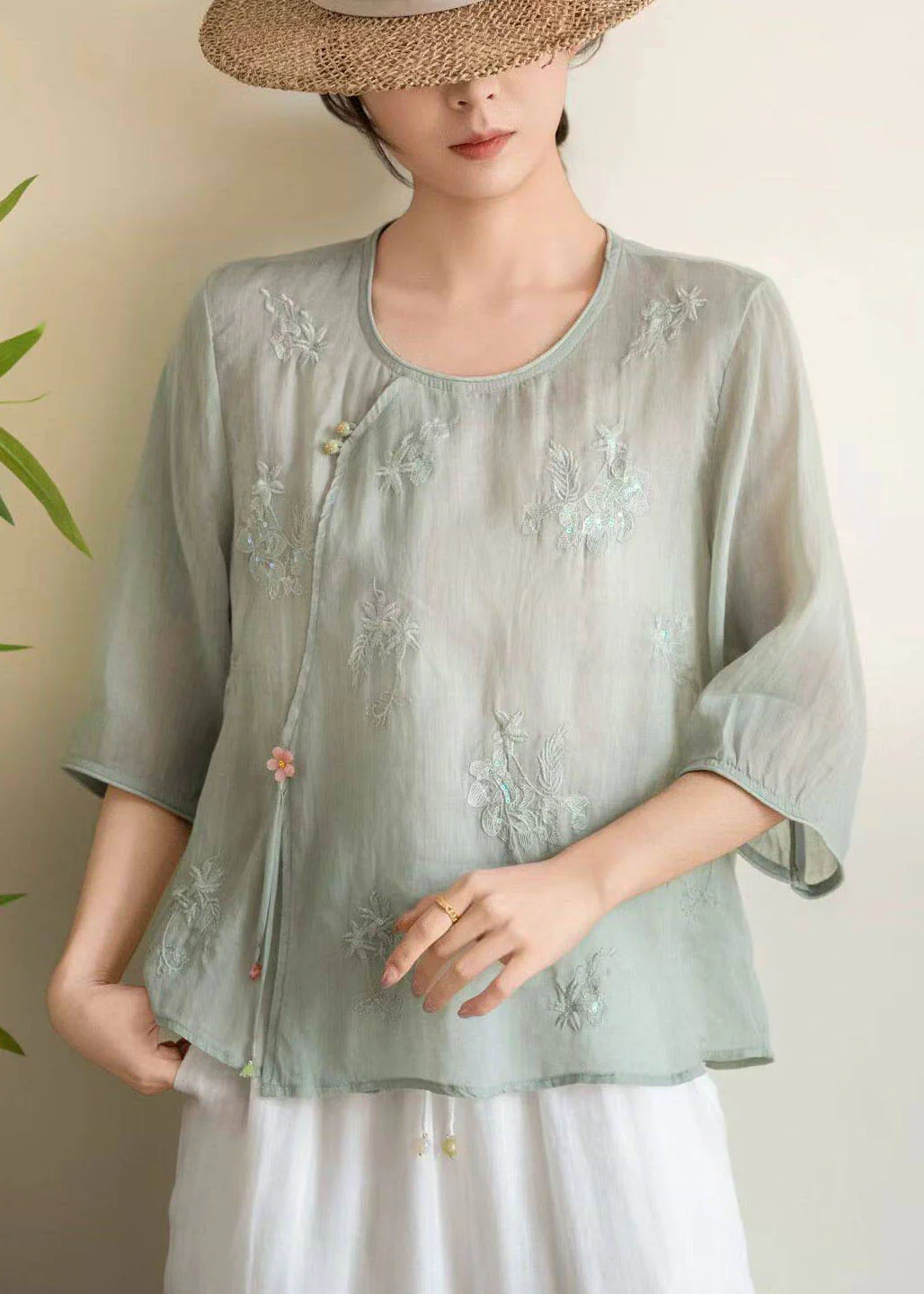 Casual Rose O Neck Embroidered Linen Shirt Tops Bracelet Sleeve - Image 4