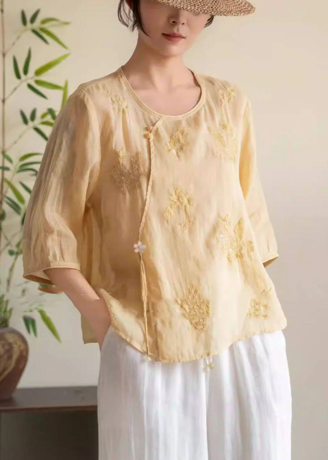 Casual Rose O Neck Embroidered Linen Shirt Tops Bracelet Sleeve - Image 5