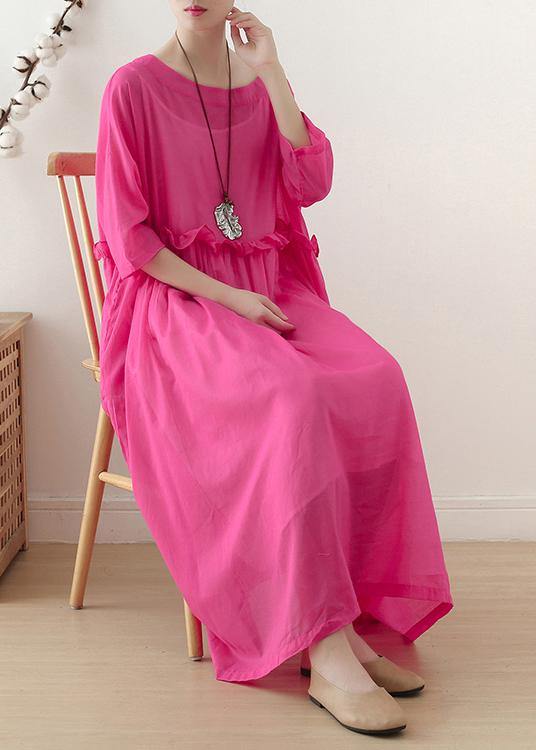 Casual Rose O-Neck Ruffled Long Dress Summer Chiffon Dress - Image 2
