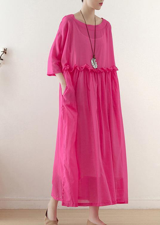 Casual Rose O-Neck Ruffled Long Dress Summer Chiffon Dress - Image 3