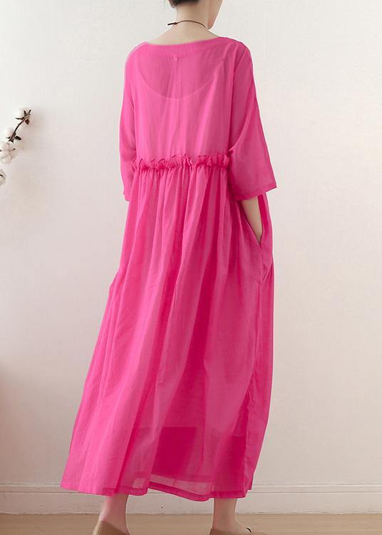 Casual Rose O-Neck Ruffled Long Dress Summer Chiffon Dress - Image 4