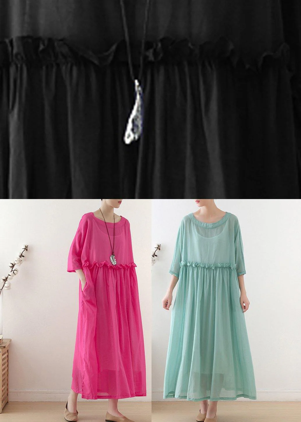 Casual Rose O-Neck Ruffled Long Dress Summer Chiffon Dress - Image 5