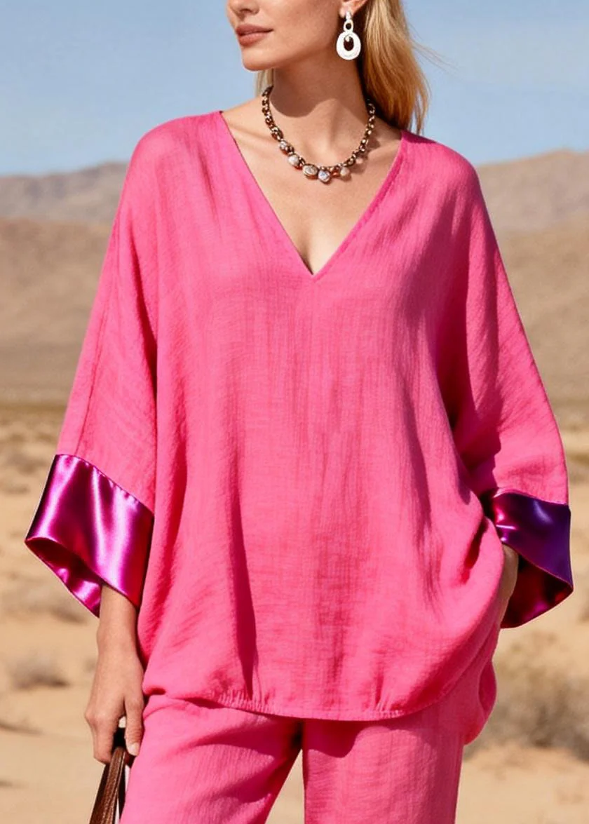 Casual Rose Oversized Patchwork Silk Cotton Two Pieces Set Spring - Image 2