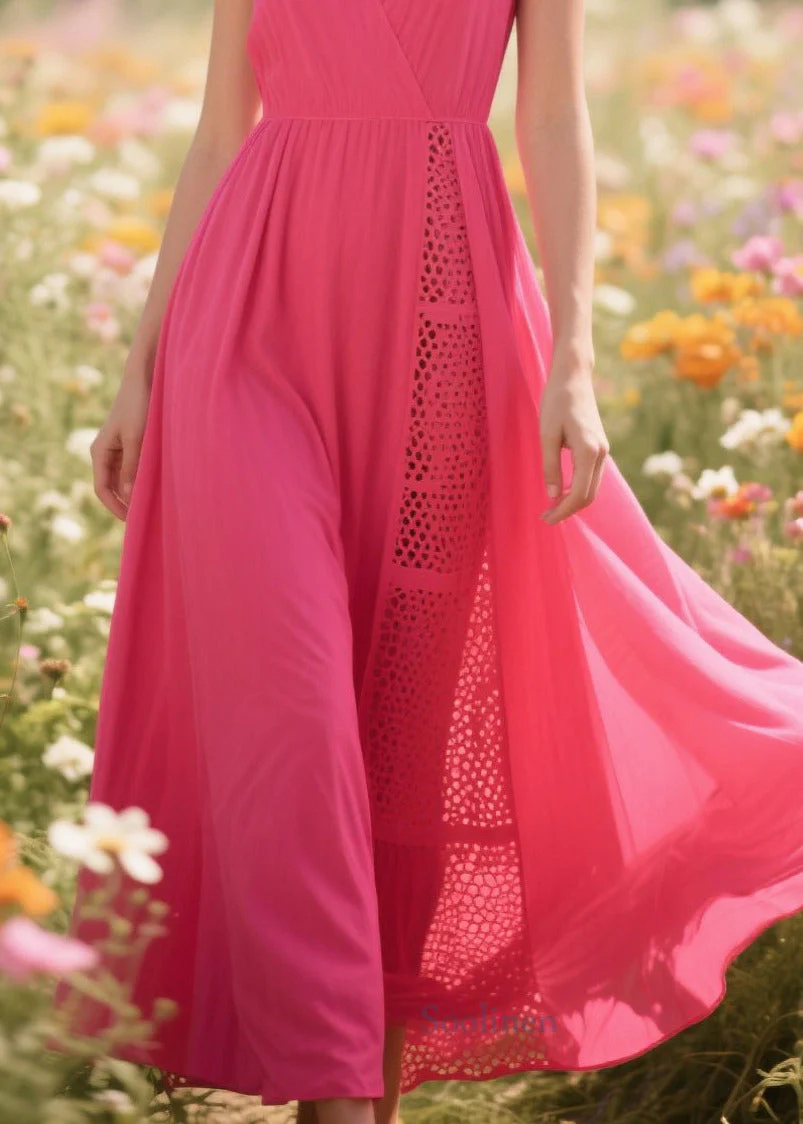 Casual Rose Patchwork Hollow Out Chiffon Long Dress Sleeveless - Image 4