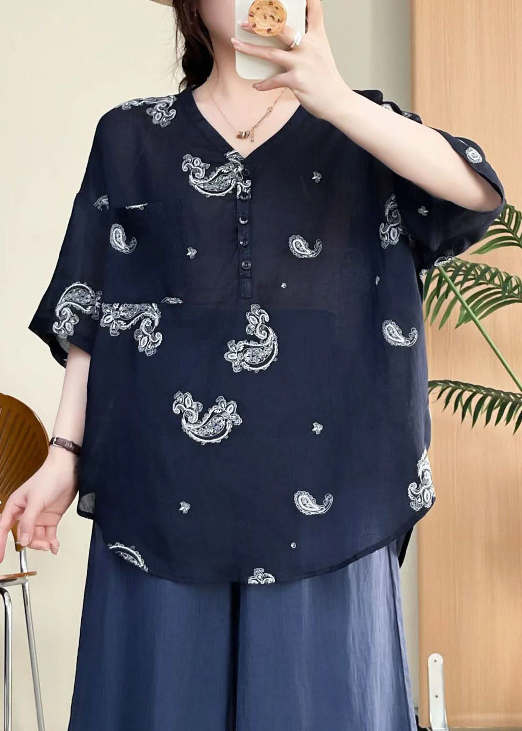 Casual Rose V Neck Embroidered Linen Top Summer - Image 3