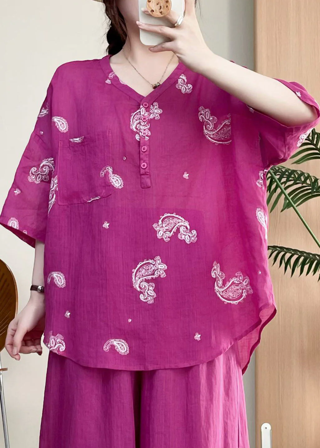 Casual Rose V Neck Embroidered Linen Top Summer - Image 4