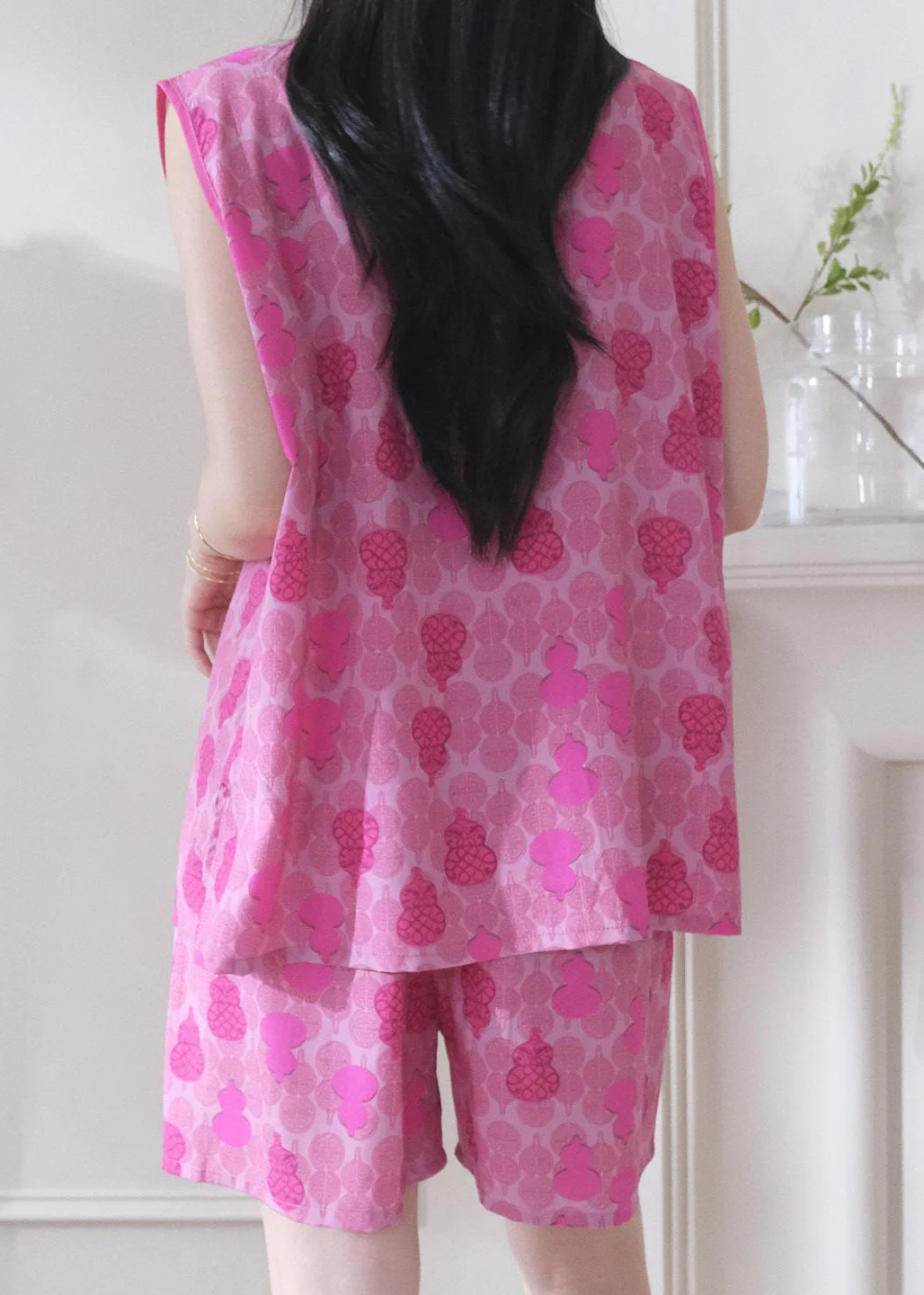 Casual Rose V Neck Print Button Pajama Sets Summer - Image 5