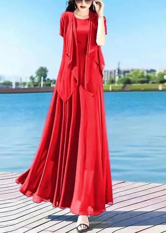 Casual Royalblue O-Neck Chiffon Cardigans And Long Dress Two Pieces Set Summer - Image 3