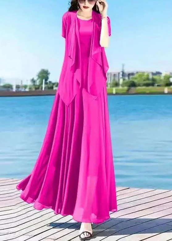 Casual Royalblue O-Neck Chiffon Cardigans And Long Dress Two Pieces Set Summer - Image 4