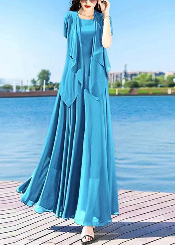 Casual Royalblue O-Neck Chiffon Cardigans And Long Dress Two Pieces Set Summer - Image 5