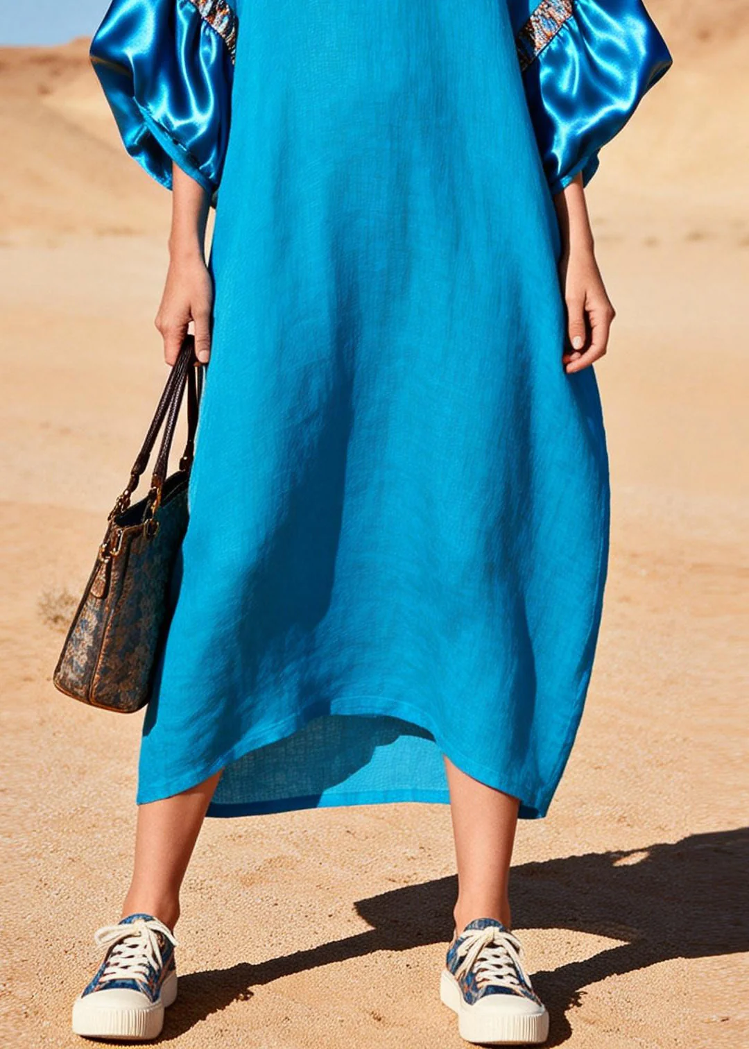 Casual Sea Blue V Neck Patchwork Cotton Maxi Dress Lantern Sleeve - Image 4