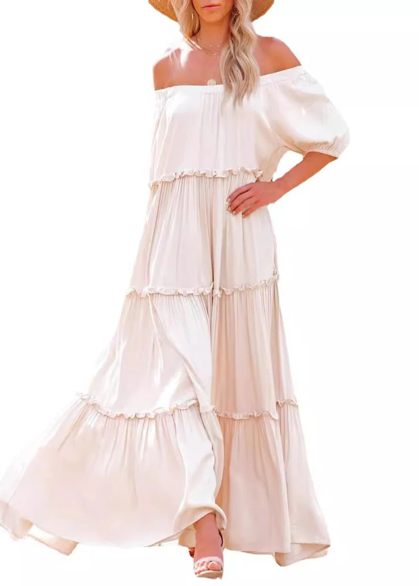 Casual Slash Neck Ruffled Patchwork Cotton Long Dresses Summer - Image 5