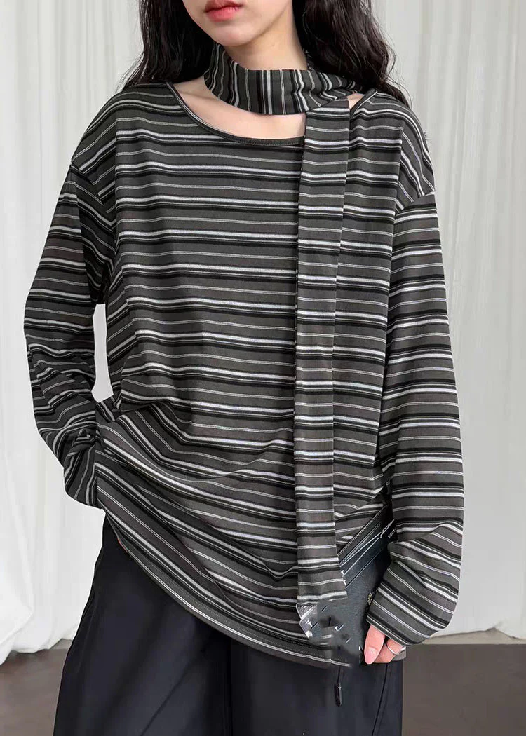 Casual Striped O-Neck Side Open T Shirt Spring