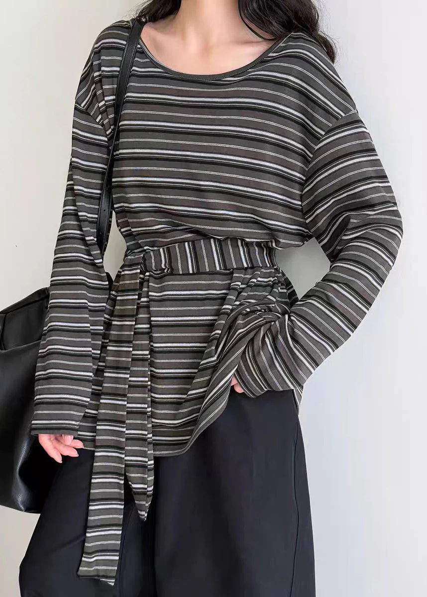 Casual Striped O-Neck Side Open T Shirt Spring - Image 3