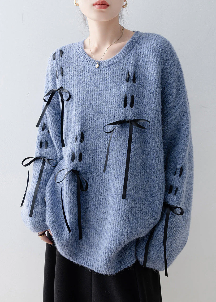 Casual Style Blue O Neck Bow Knit Sweaters Spring - Image 4