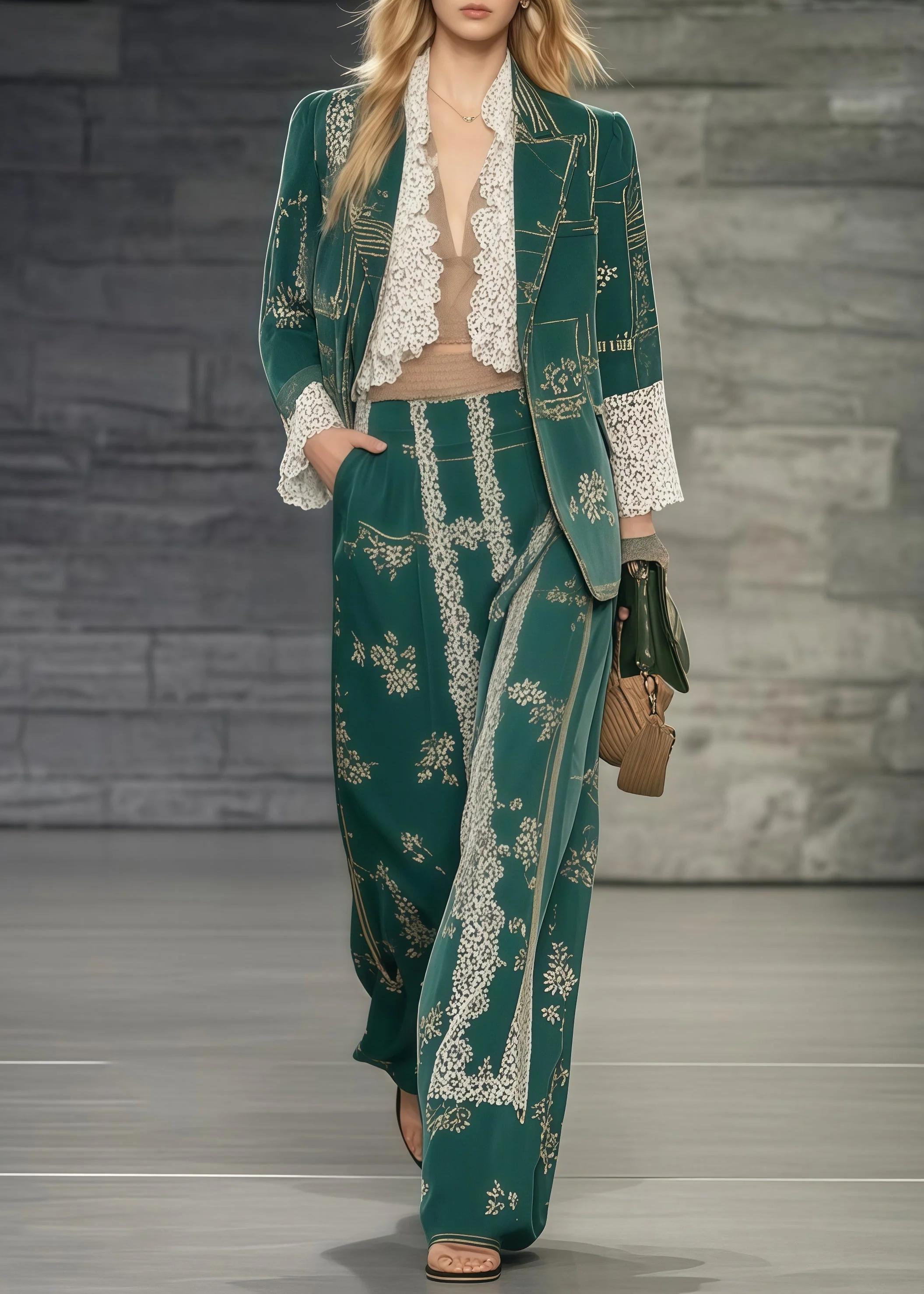 Casual Tea Green Print Patchwork Lace Two Pieces Set Oversized Spring - Image 3
