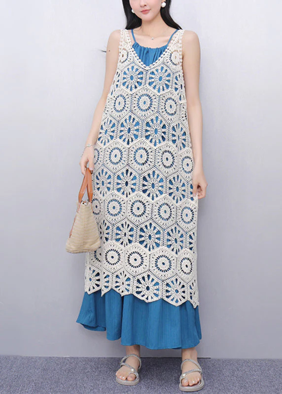 Casual V Neck Hollow Out Long Spaghetti Strap Dress Two Pieces Set Sleeve