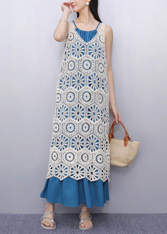 Casual V Neck Hollow Out Long Spaghetti Strap Dress Two Pieces Set Sleeve - Image 2