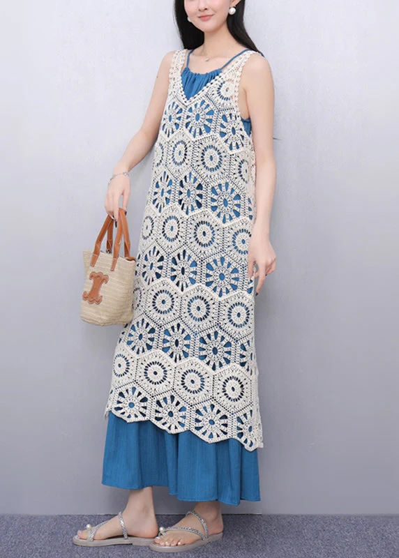 Casual V Neck Hollow Out Long Spaghetti Strap Dress Two Pieces Set Sleeve - Image 3