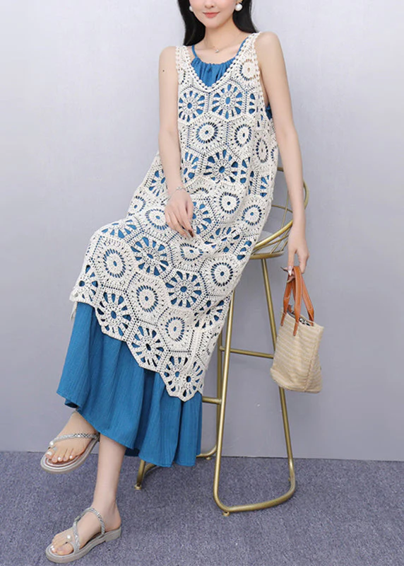Casual V Neck Hollow Out Long Spaghetti Strap Dress Two Pieces Set Sleeve - Image 4