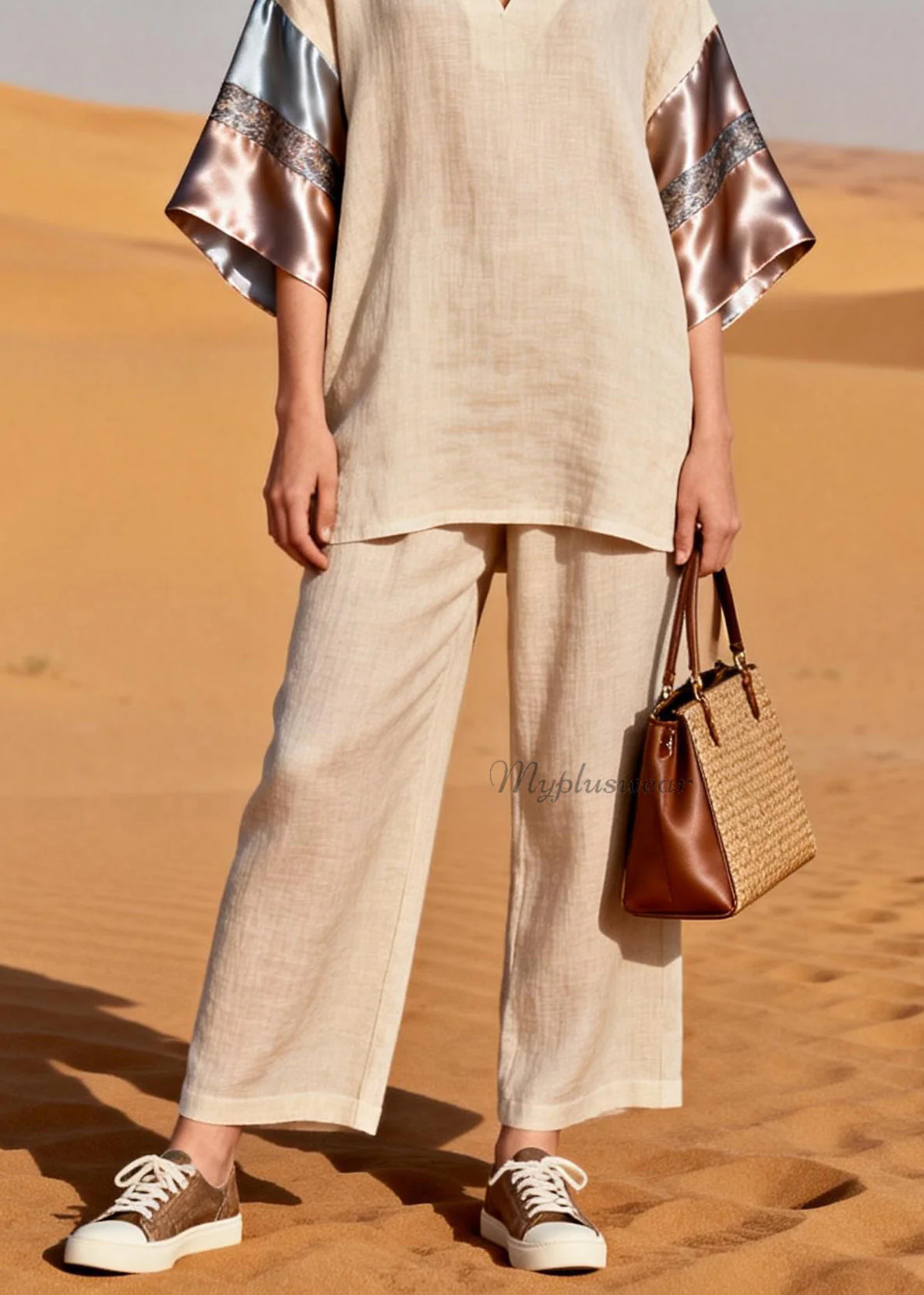 Casual V Neck Patchwork Linen Silk Women Sets 2 Pieces Summer - Image 4