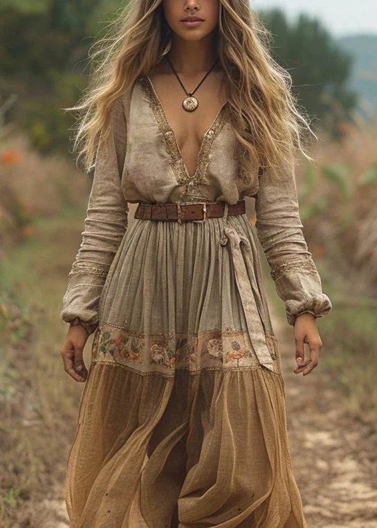 Casual V Neck Print Wrinkled Cotton Long Dress Spring - Image 2