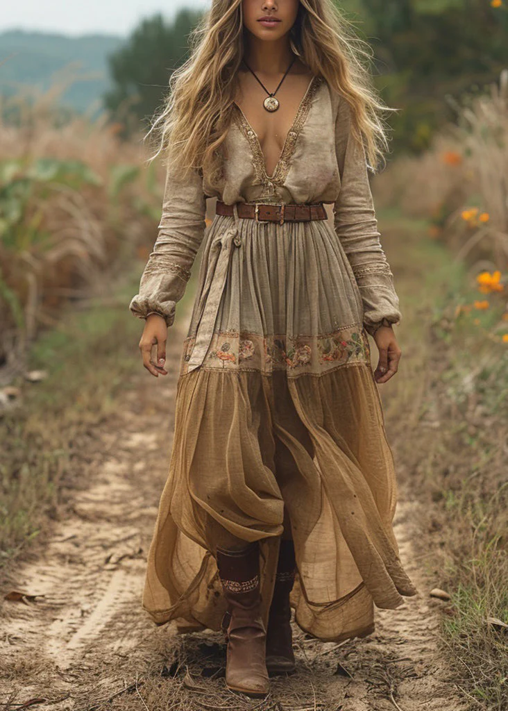 Casual V Neck Print Wrinkled Cotton Long Dress Spring - Image 3