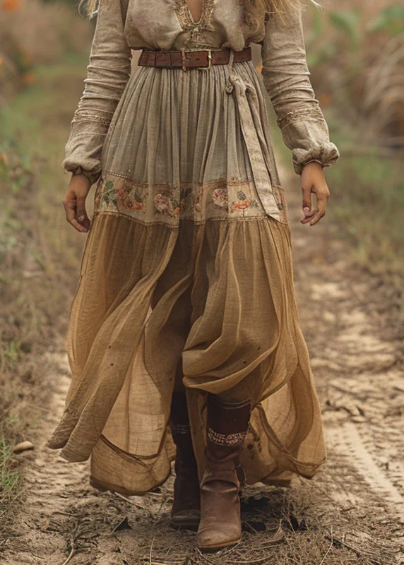Casual V Neck Print Wrinkled Cotton Long Dress Spring - Image 4