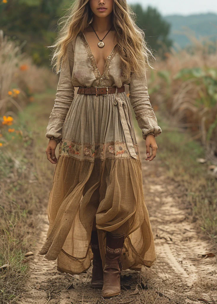 Casual V Neck Print Wrinkled Cotton Long Dress Spring - Image 5