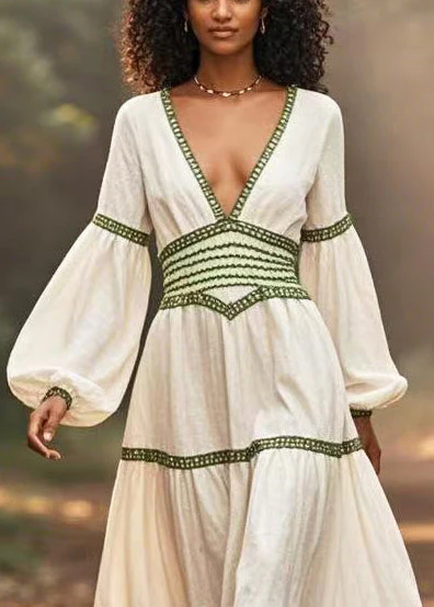 Casual White Cinched Patchwork Cotton Long Dresses Lantern Sleeve - Image 2