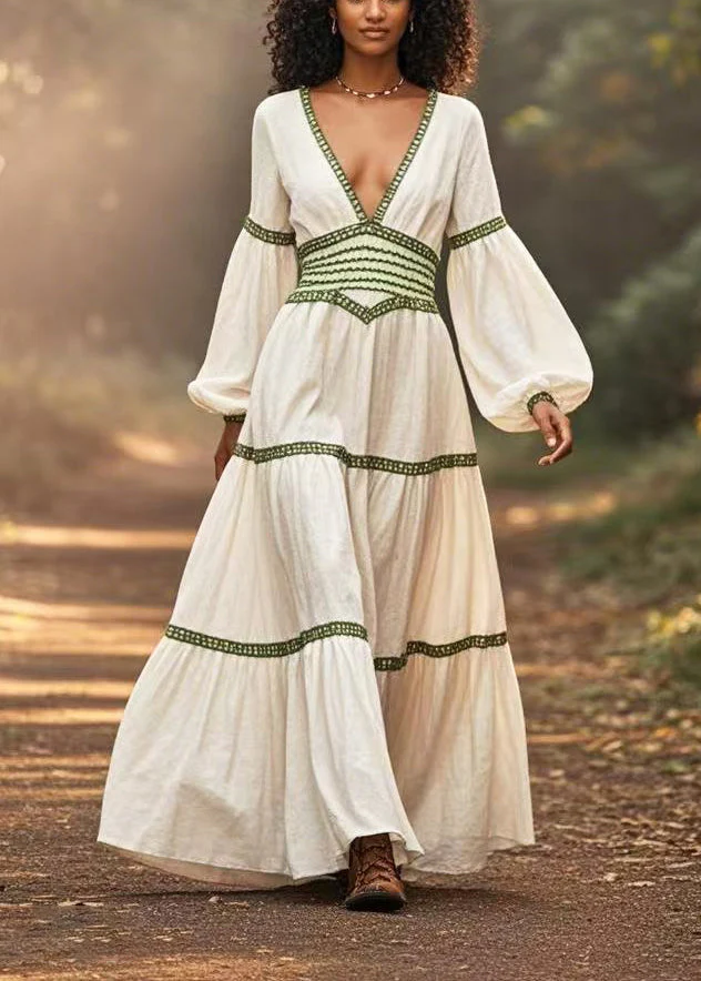 Casual White Cinched Patchwork Cotton Long Dresses Lantern Sleeve - Image 3