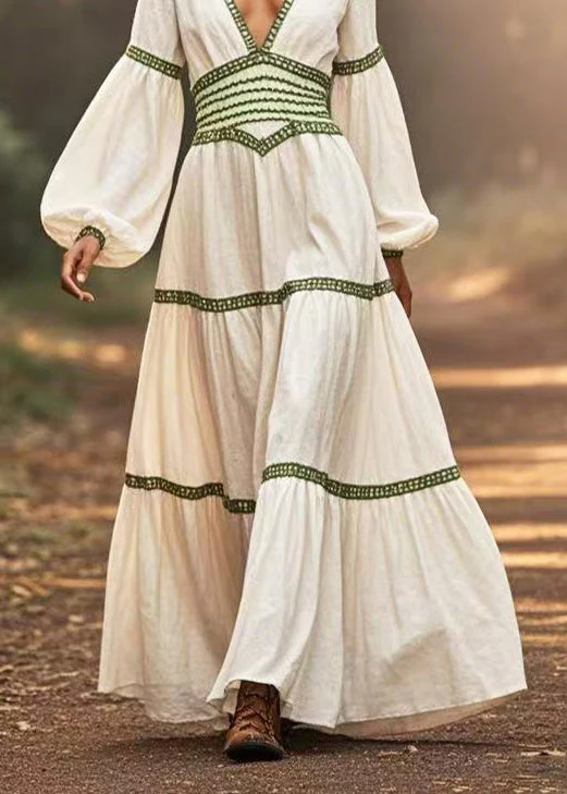 Casual White Cinched Patchwork Cotton Long Dresses Lantern Sleeve - Image 4