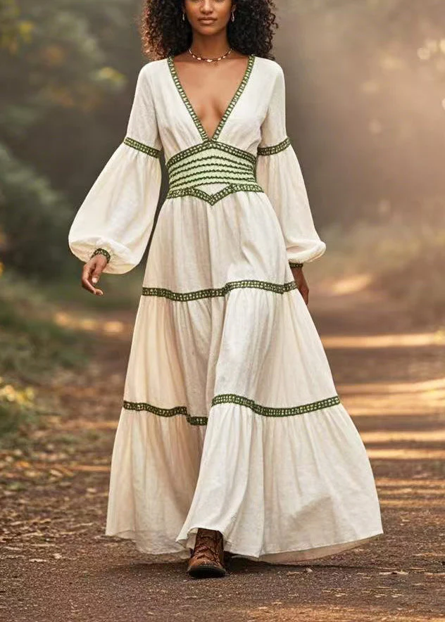 Casual White Cinched Patchwork Cotton Long Dresses Lantern Sleeve - Image 5