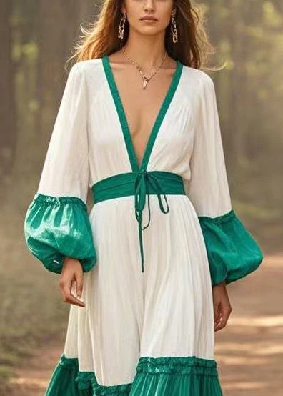 Casual White Cinched Patchwork Cotton Maxi Dresses Lantern Sleeve - Image 2