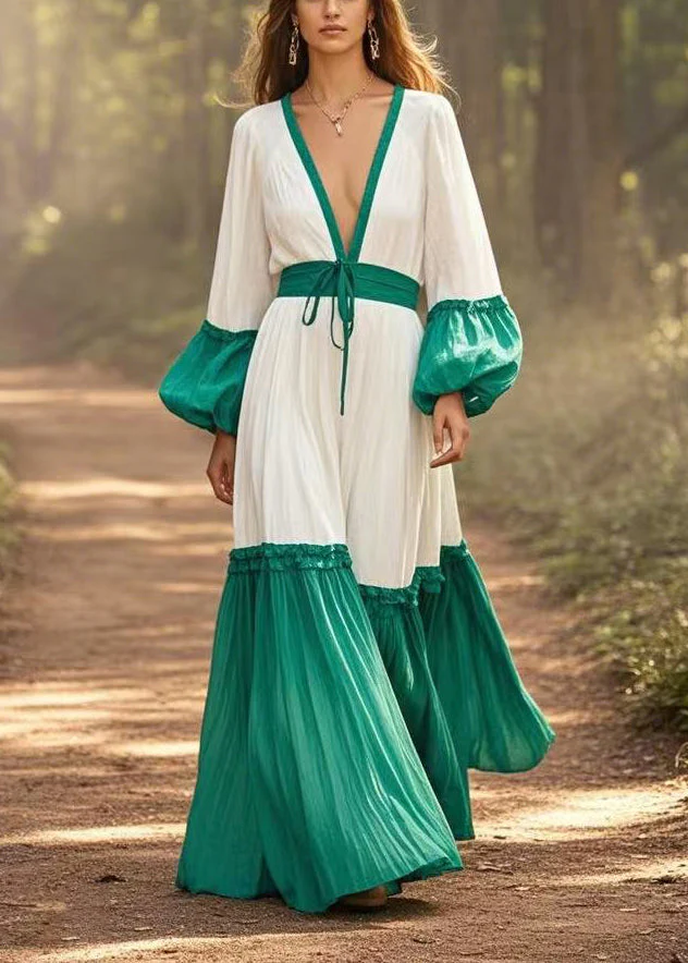Casual White Cinched Patchwork Cotton Maxi Dresses Lantern Sleeve - Image 3