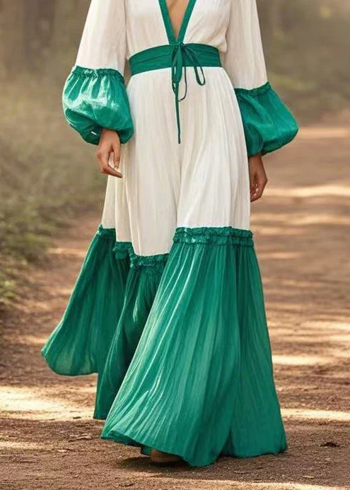 Casual White Cinched Patchwork Cotton Maxi Dresses Lantern Sleeve - Image 4