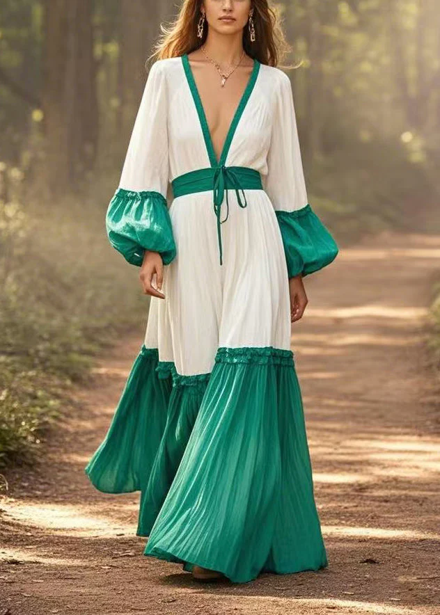 Casual White Cinched Patchwork Cotton Maxi Dresses Lantern Sleeve - Image 5