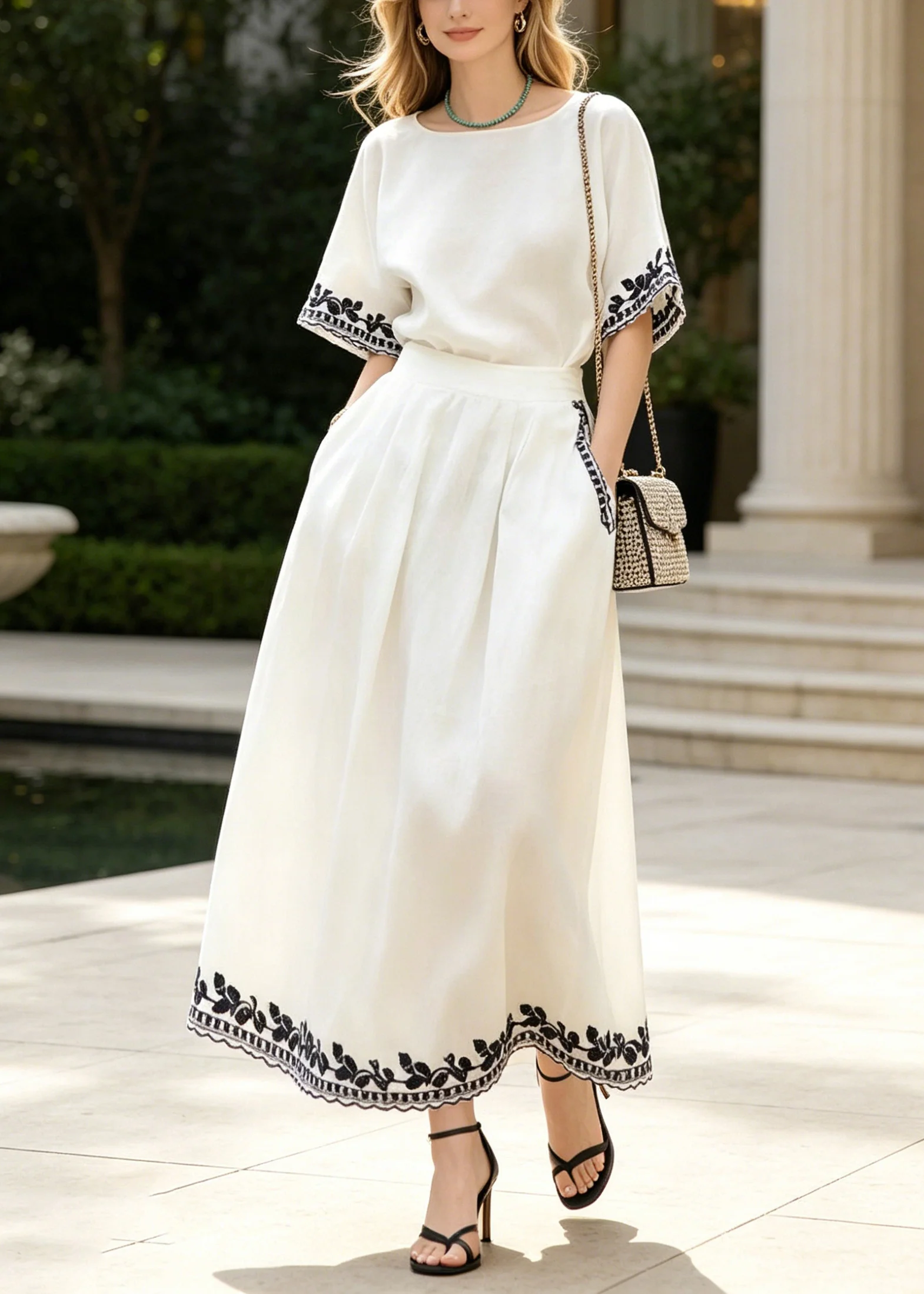 Casual White Embroidered Linen Two Piece Set Summer - Image 3